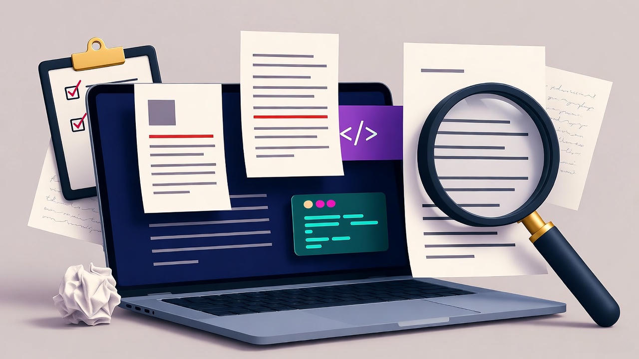 Laptop with open code editor displaying programming code, surrounded by floating documents, a magnifying glass focusing on text, checklist clipboard, and crumpled paper ball, symbolizing content analysis, web development, SEO auditing, and digital project review process.